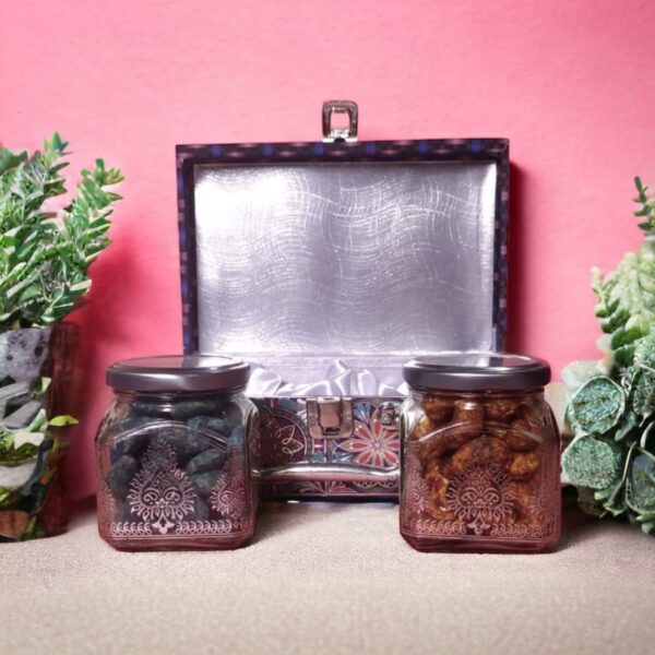 glass jar filled with flavoured dry fruits and nuts, diwali gift idea